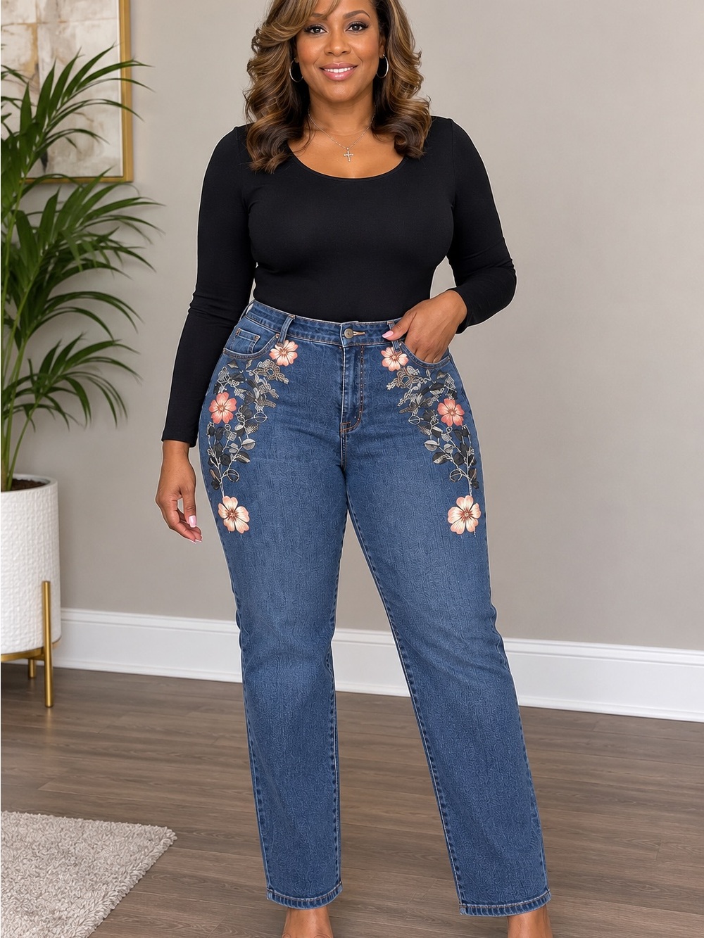 Gloria Vanderbilt Blue Embroidered Straight Leg Jeans
